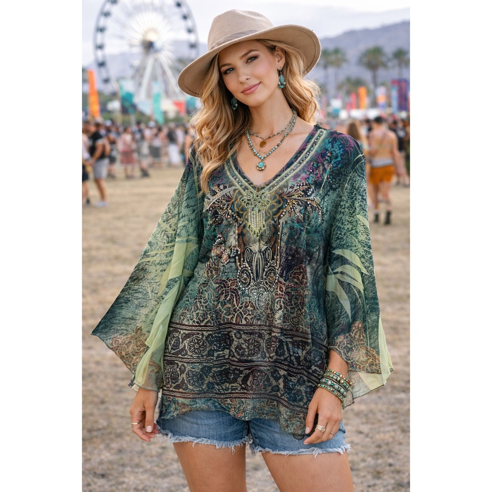 Boho Green Blouse Embellished Butterfly Flowy Sleeve Festival Top Plus Size 2X